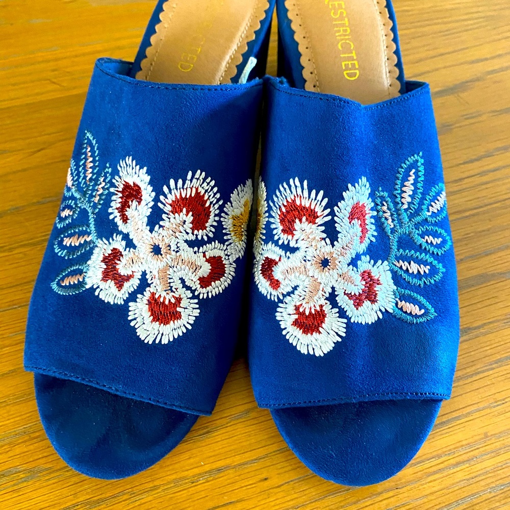 Blue Embroidered Suede Peep Toe Mules